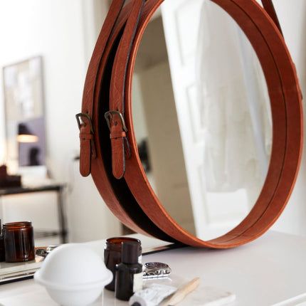 Leather Mirror | Ø80 cm Camel